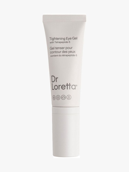 Gray tube of Dr. Loretta tightening eye gel on light gray background