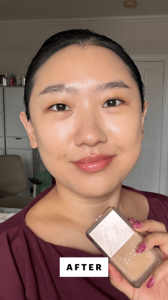 A selfie of Allure commerce editor Sarah Han after applying the Fenty Beauty Pro Filt'r Fluid Flex Foundation