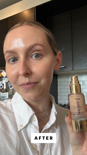 Allure Beauty Director Sarah Kinonen before applying the Tarte Face Tape Full Coverage Foundation